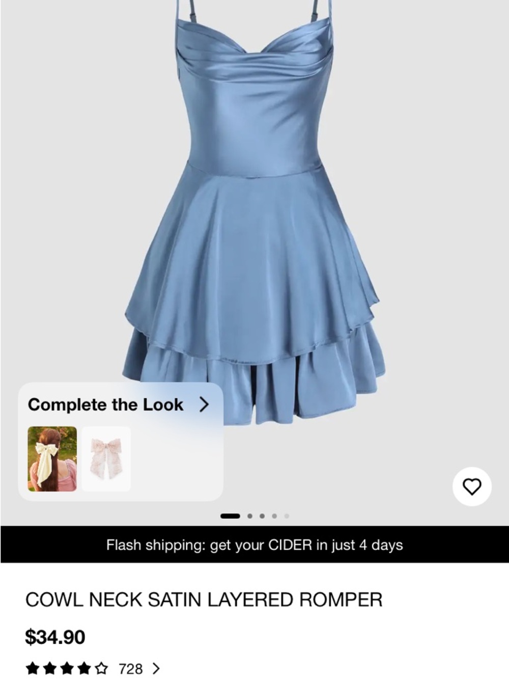 Cider Satin Cowl Neck Layered Romper in Dusty Blue